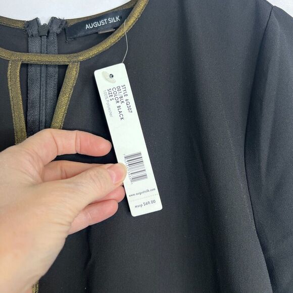 August Silk NWT Black Gold Trim Keyhole Bell Sleeve Silky Blouse Size Small - Picture 8 of 10